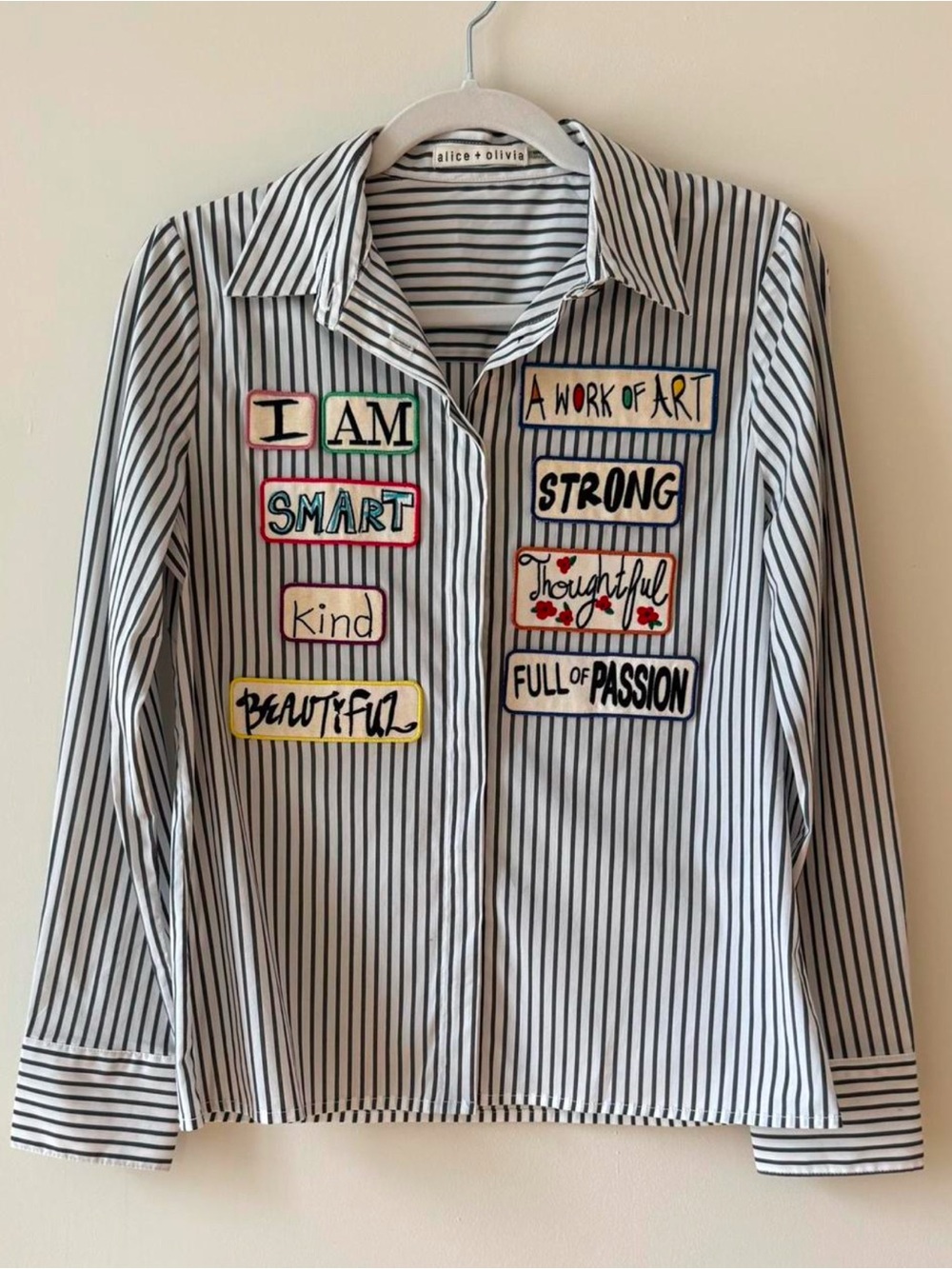 alice + olivia Striped Cotton Button Down in White & Black Large Like New